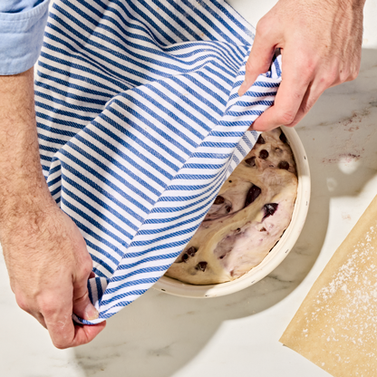 Two hands covering the Cherry Chocolate Sourdough Loaf dough in a white bowl with a blue and white striped tea towel.